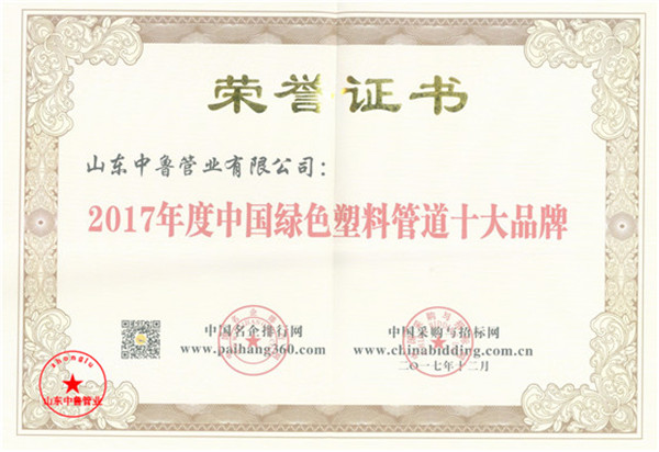 2017年度中國綠色管道十大品牌榮譽證書